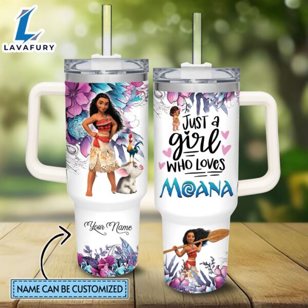 Disney Custom Name Just A Girl Loves Moana Flower Pattern 40oz Tumbler with Handle and Straw Lid