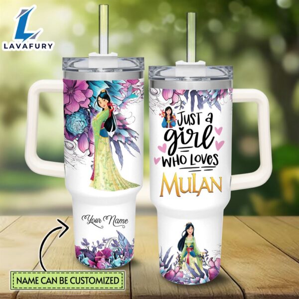 Disney Custom Name Just A Girl Loves Mulan Flower Pattern 40oz Tumbler with Handle and Straw Lid