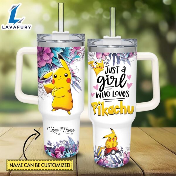 Disney Custom Name Just A Girl Loves Pikachu Flower Pattern 40oz Tumbler with Handle and Straw Lid