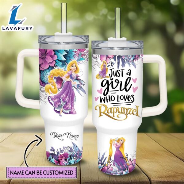 Disney Custom Name Just A Girl Loves Rapunzel Flower Pattern 40oz Tumbler with Handle and Straw Lid