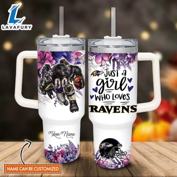 Disney Custom Name Just A Girl Loves Ravens Mascot Flower Pattern 40oz Stainless Steel Tumbler with Handle and Straw Lid