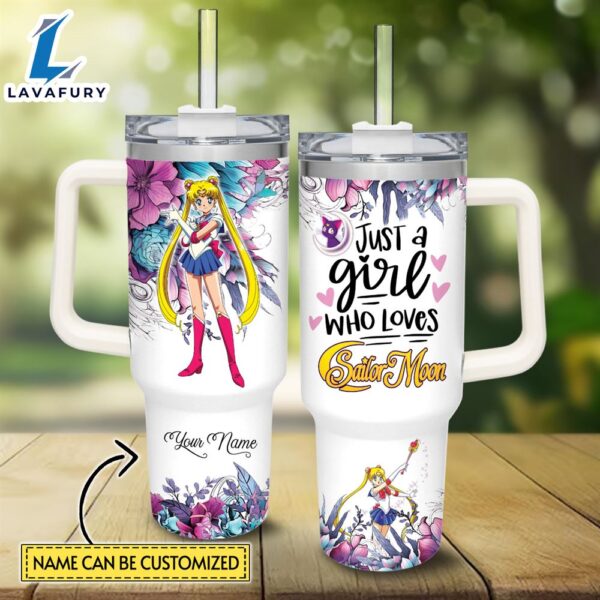 Disney Custom Name Just A Girl Loves Sailor Moon Pattern 40oz Tumbler with Handle and Straw Lid