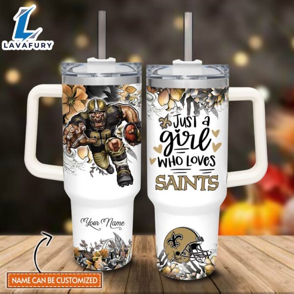 Disney Custom Name Just A Girl Loves Saints Mascot Flower Pattern 40oz Stainless Steel Tumbler with Handle and Straw Lid