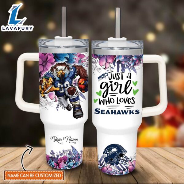 Disney Custom Name Just A Girl Loves Seahawks Mascot Flower Pattern 40oz Stainless Steel Tumbler with Handle and Straw Lid