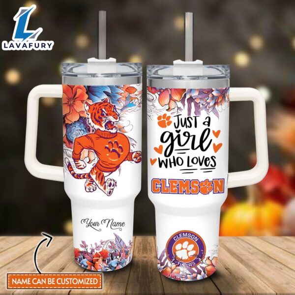 Disney Custom Name Just A Girl Loves Tigers Mascot Flower Pattern 40oz Stainless Steel Tumbler with Handle and Straw Lid