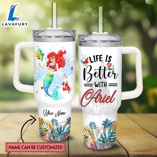 Disney Custom Name Life Is Better With Ariel Princess 40oz Tumbler with Handle and Straw Lid