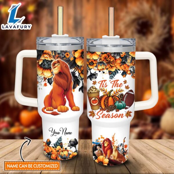 Disney Custom Name Lion King Tis The Season Fall Leaf Pattern 40oz Stainless Steel Tumbler with Handle and Straw Lid