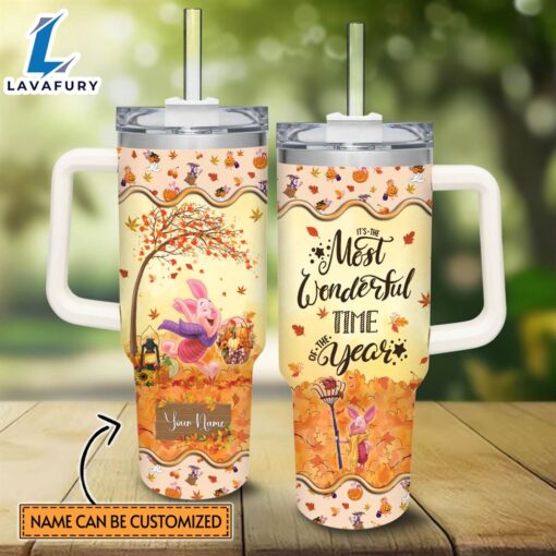 Disney Custom Name Piglet Most Wonderful Time Fall Leaf Pattern 40oz Stainless Steel Tumbler with Handle and Straw Lid