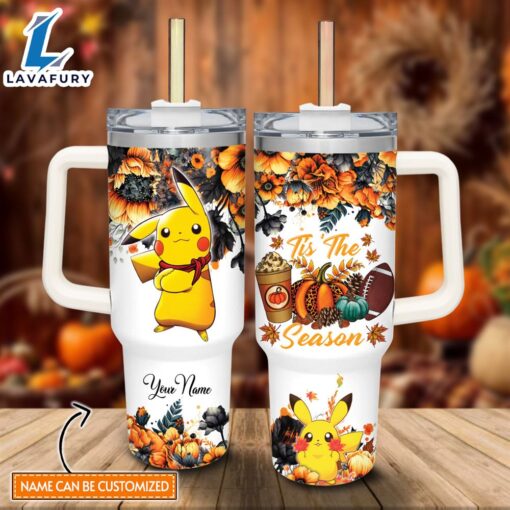 Disney Custom Name Pikachu Tis The Season Fall Leaf Pattern 40oz Stainless Steel Tumbler with Handle and Straw Lid