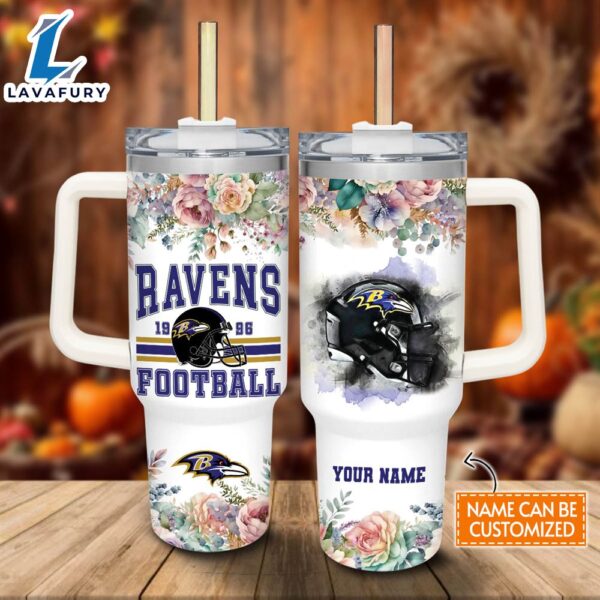 Disney Custom Name Ravens Helmet Flame Pattern 40oz Stainless Steel Tumbler with Handle and Straw Lid