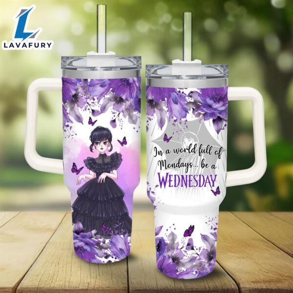 Disney Custom Name Wednesday Flower Pattern 40oz Stainless Steel Tumbler with Handle and Straw Lid