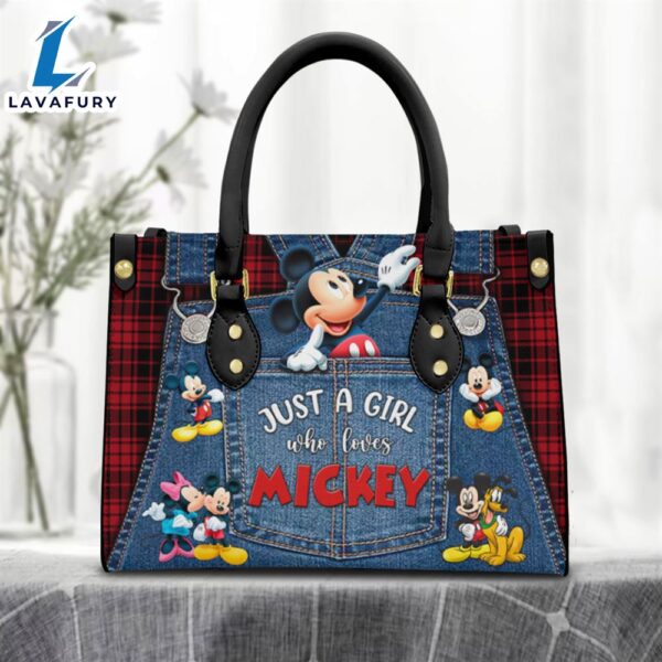 Just A Girl Loves Mickey Mouse Red Gingham Jean Pattern Premium Leather Handbag