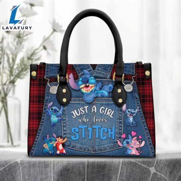 Just A Girl Loves Stitch Red Gingham Jean Pattern Premium Leather Handbag