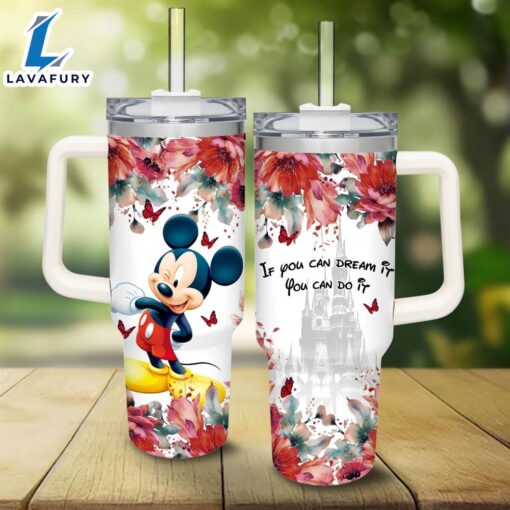 Mickey Flower Pattern 40oz Tumbler with Handle and Straw Lid