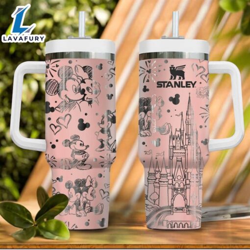 Mickey &amp Minnie Mouse Pattern Laser Engraved 40oz Stainless Steel Tumbler with Handle and Straw Lid