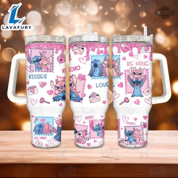 Stitch And Angel Valentines Cup 40 Oz Be Mine Pink Valentines Stanley Tumbler Dupe 40Oz Couple Love Stainless Steel Cup Valentines Day Gift