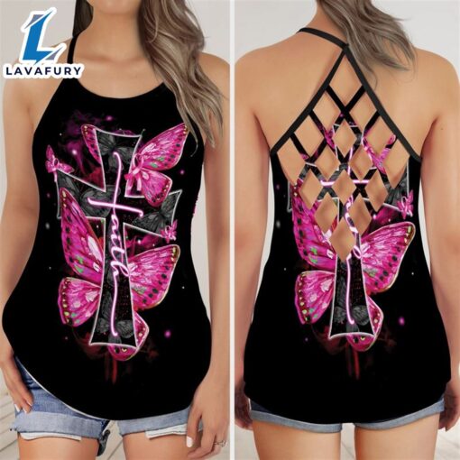 Breast Cancer Awareness Criss-Cross Tank Top Christian Faith Butterfly Cross