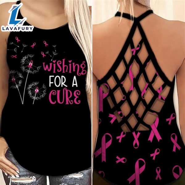 Breast Cancer Awareness Criss-Cross Tank Top Dandelion Flower Wishing For A Cure