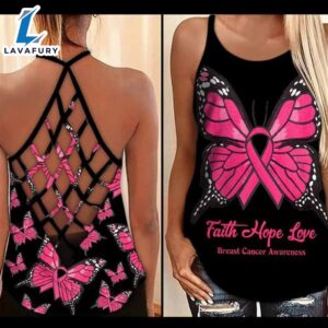 Breast Cancer Awareness Criss-Cross Tank Top Faith Hope Love Butterfly Pink Ribbon