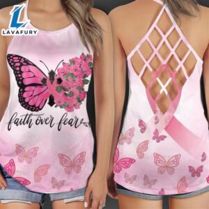 Breast Cancer Awareness Criss-Cross Tank Top Faith Over Fear Jesus Blessings For The Warrior