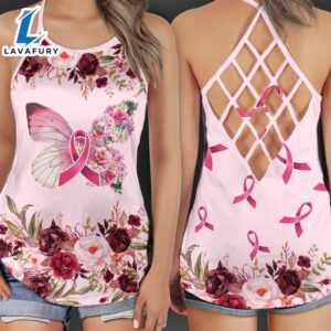 Breast Cancer Awareness Criss-Cross Tank Top Floral Butterflies Pink Ribbon