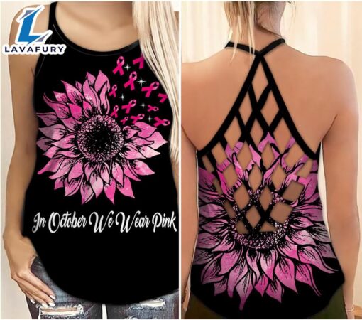 Breast Cancer Awareness Criss-Cross Tank Top In October We Wear Pink Sunflower