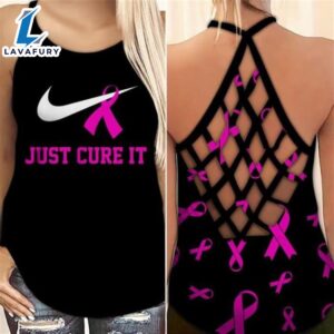 Breast Cancer Awareness Criss-Cross Tank Top Just Cure It Pink Ribbon