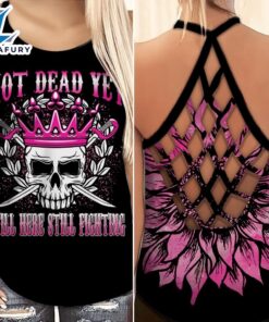 Breast Cancer Awareness Criss-Cross Tank Top Not Dead Yet Skull Sunflower