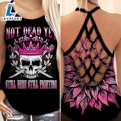 Breast Cancer Awareness Criss-Cross Tank Top Not Dead Yet Skull Sunflower