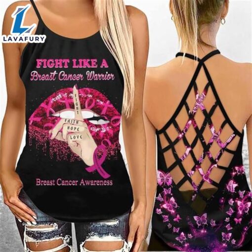 Breast Cancer Awareness Criss-Cross Tank Top Pink Butterflies Fight Like A Breast Cancer Warrior