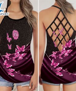 Breast Cancer Awareness Criss-Cross Tank Top Pink Butterfly