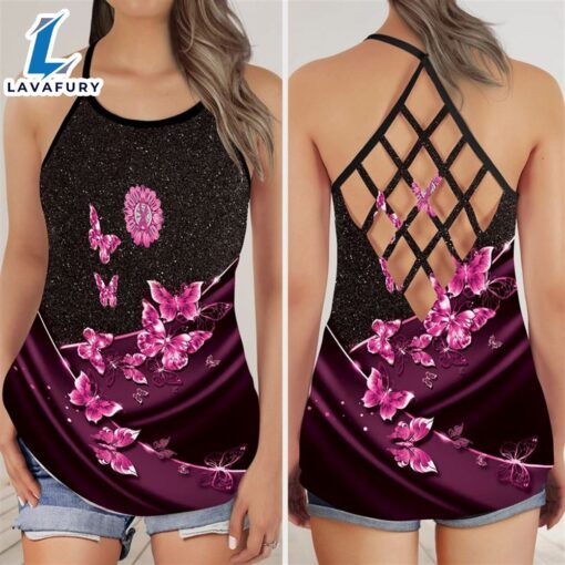 Breast Cancer Awareness Criss-Cross Tank Top Pink Butterfly