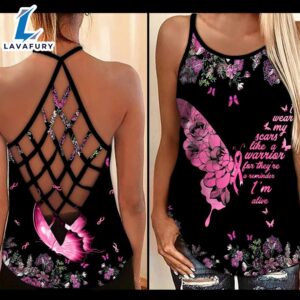 Breast Cancer Awareness Criss-Cross Tank Top Pink Butterfly I Wear My Scars Like A Warrior