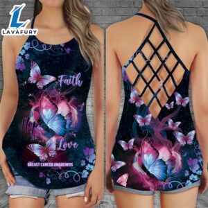 Breast Cancer Awareness Criss-Cross Tank Top Pink Faith Hope Love Magic Butterfly Floral