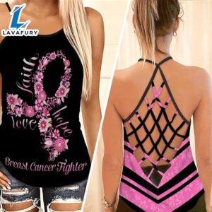 Breast Cancer Awareness Criss-Cross Tank Top Pink Flower Faith Hope Love