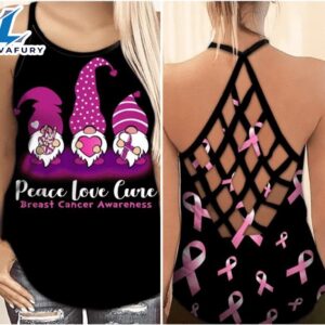 Breast Cancer Awareness Criss-Cross Tank Top Pink Gnome Peace Love Cure
