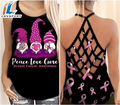 Breast Cancer Awareness Criss-Cross Tank Top Pink Gnome Peace Love Cure