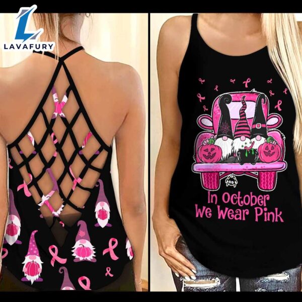 Breast Cancer Awareness Criss-Cross Tank Top Pink Gnomes On Truck We Wear Pink
