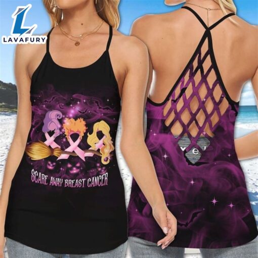 Breast Cancer Awareness Criss-Cross Tank Top Pink Hocus Pocus Halloween Witch Scare Away