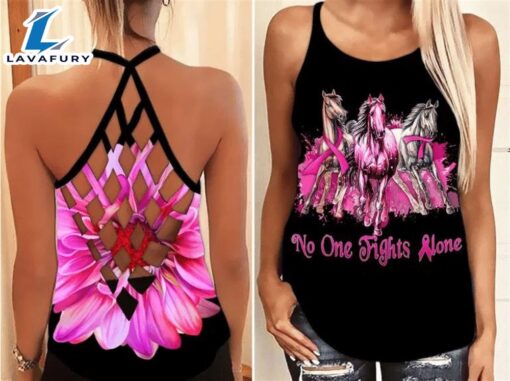 Breast Cancer Awareness Criss-Cross Tank Top Pink Horses Flower No One Fight Alone