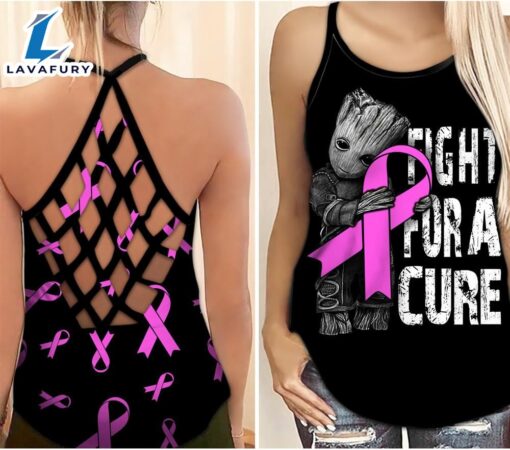 Breast Cancer Awareness Criss-Cross Tank Top Pink Ribbon Baby Groot Fight For A Cure