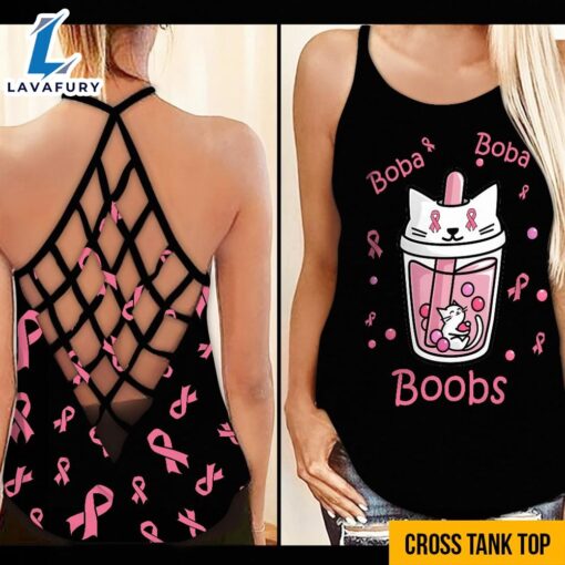 Breast Cancer Awareness Criss-Cross Tank Top Pink Ribbon Boba Boba Boobs