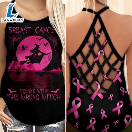 Breast Cancer Awareness Criss-Cross Tank Top Pink Ribbon Breast Cancer Messed With The Wrong Witch