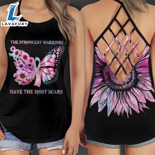 Breast Cancer Awareness Criss-Cross Tank Top Pink Ribbon Butterflies Flower The Strongest Warriors Have The Most Scars