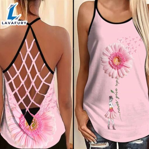 Breast Cancer Awareness Criss-Cross Tank Top Pink Ribbon Daisy Flower Never Give Up