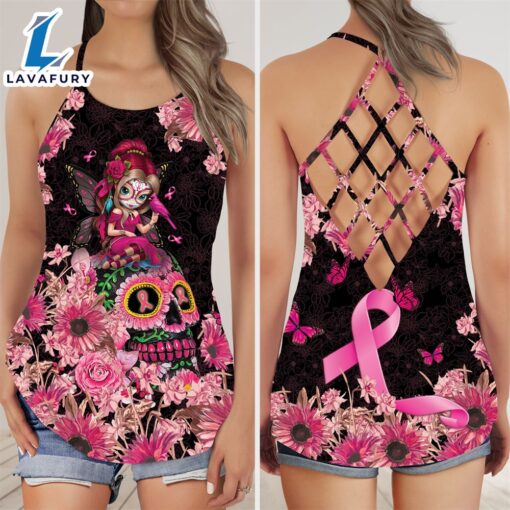 Breast Cancer Awareness Criss-Cross Tank Top Pink Ribbon Fairy Sugar Skull Girl Floral