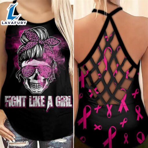 Breast Cancer Awareness Criss-Cross Tank Top Pink Ribbon Fight Like A Girl Skull