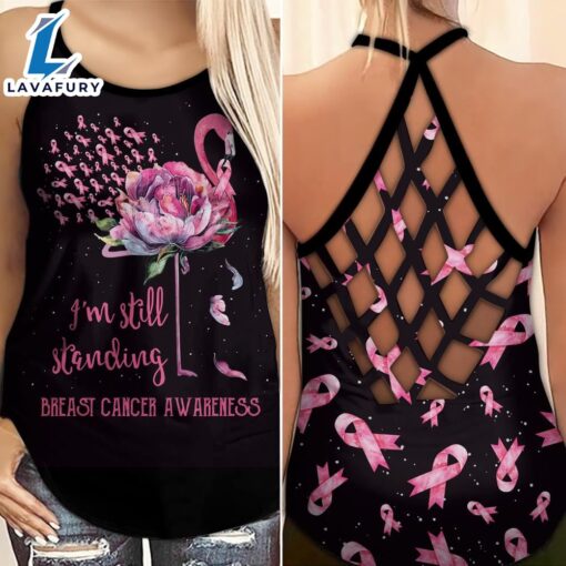 Breast Cancer Awareness Criss-Cross Tank Top Pink Ribbon Flamingo I’m Still Standing