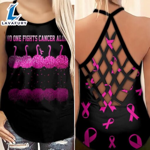 Breast Cancer Awareness Criss-Cross Tank Top Pink Ribbon Flamingo No One Fights Cancer Alone