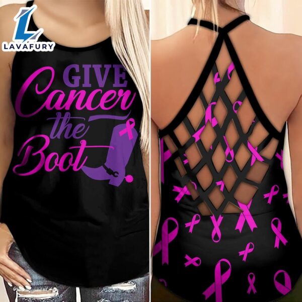 Breast Cancer Awareness Criss-Cross Tank Top Pink Ribbon Give Cancer The Boot